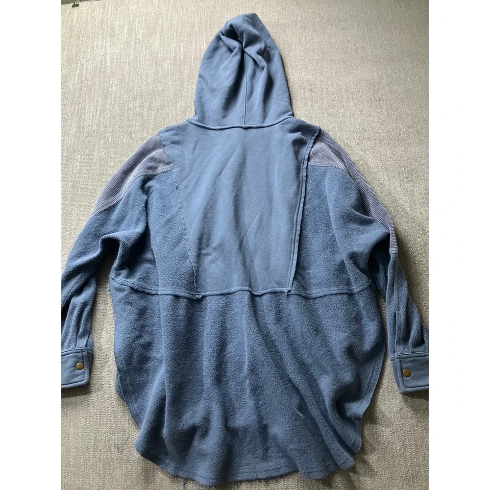 AEMI + CO Blue Oversized Mixed Media Corduroy Henley Hoodie Shacket Large - Picture 2 of 6